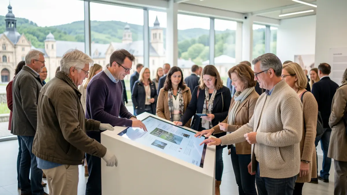 Jende asko Bizkaiko museoen inguruko erakusketa interaktibo batean parte hartzen.