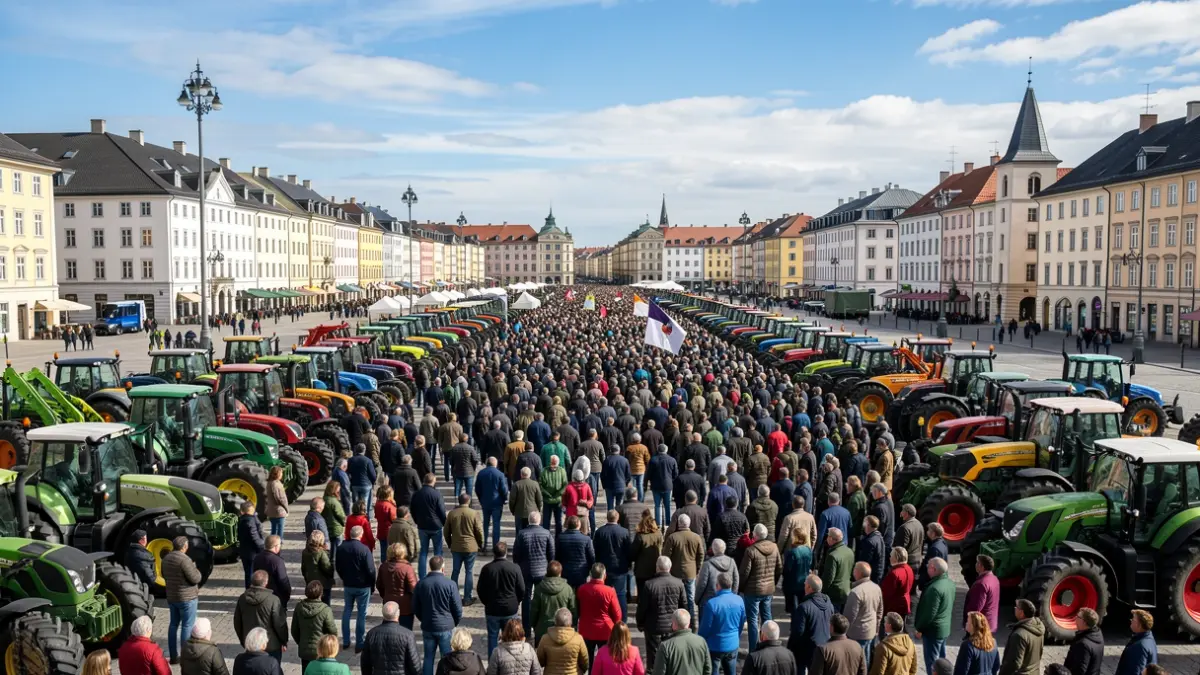 Miles de personas y decenas de tractores reunidos en una gran plaza pública en Euskadi, protestando contra macroproyectos industriales.