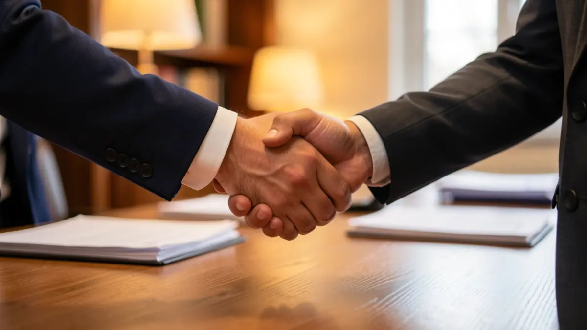 Generic image: hands shaking over a desk with office lighting.