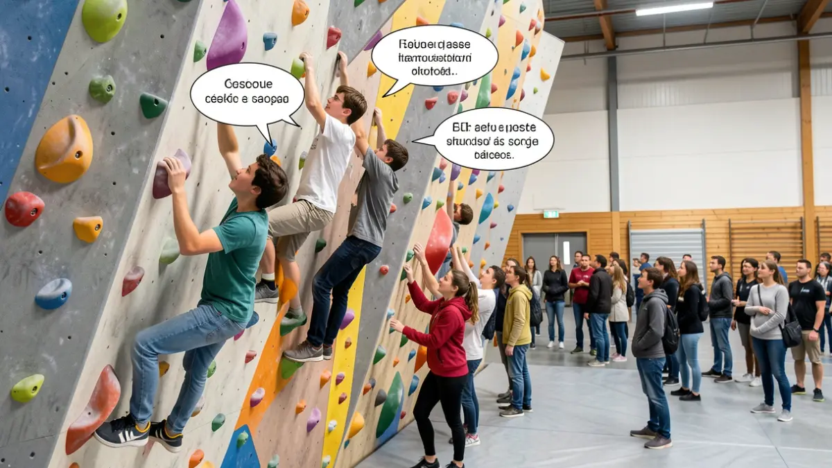 Un grupo de jóvenes escalando en un polideportivo con bocadillos de diálogo indicando conversación en euskera.