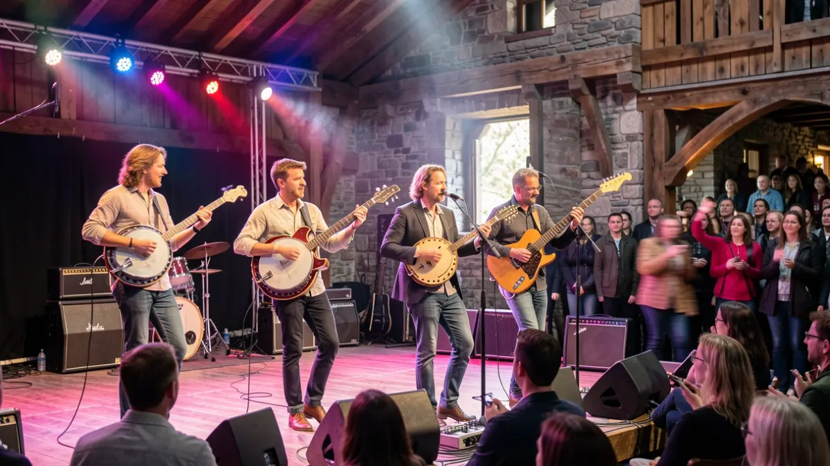 Dynamic image of a live performance by the band Moonshine Wagon, blending bluegrass and rock influences.