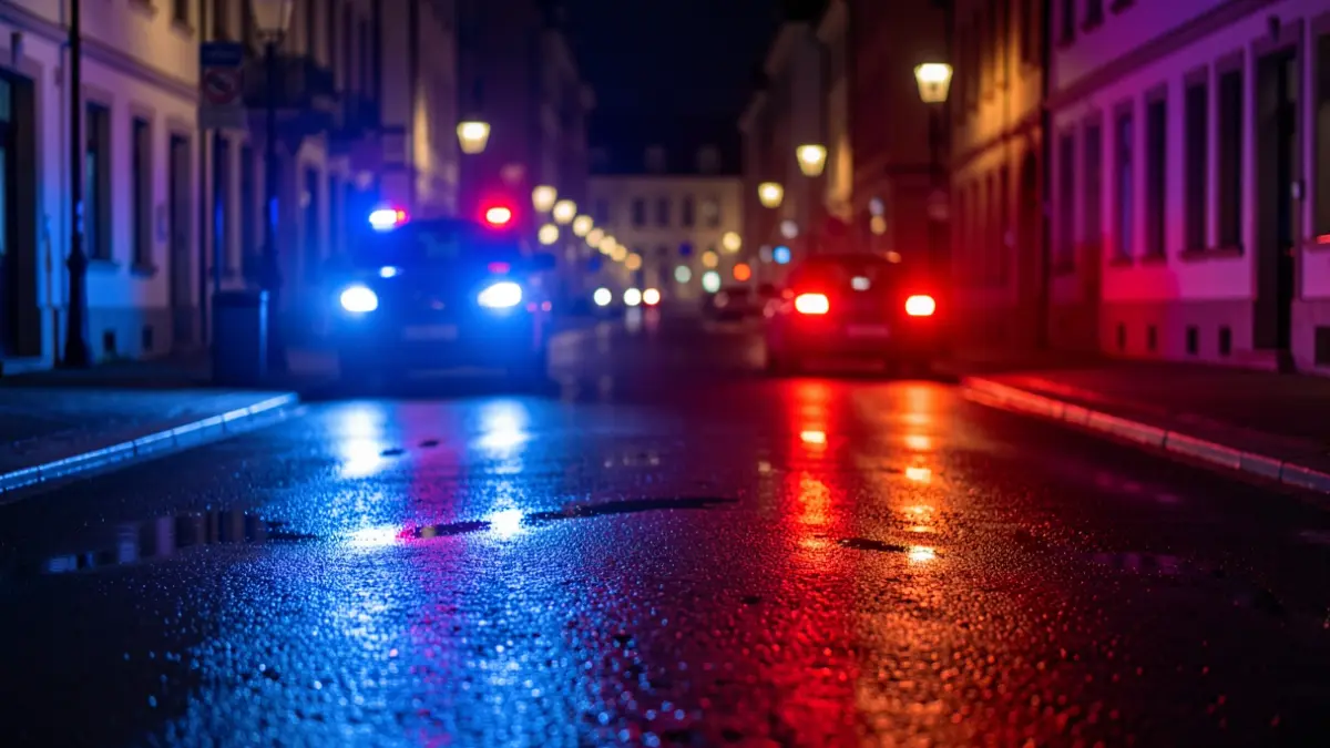 Emergency lights reflected on wet asphalt.