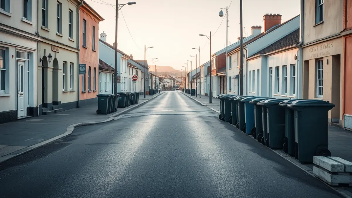 Imagen genérica de una calle limpia en un pueblo pequeño al amanecer, con contenedores de basura vacíos.