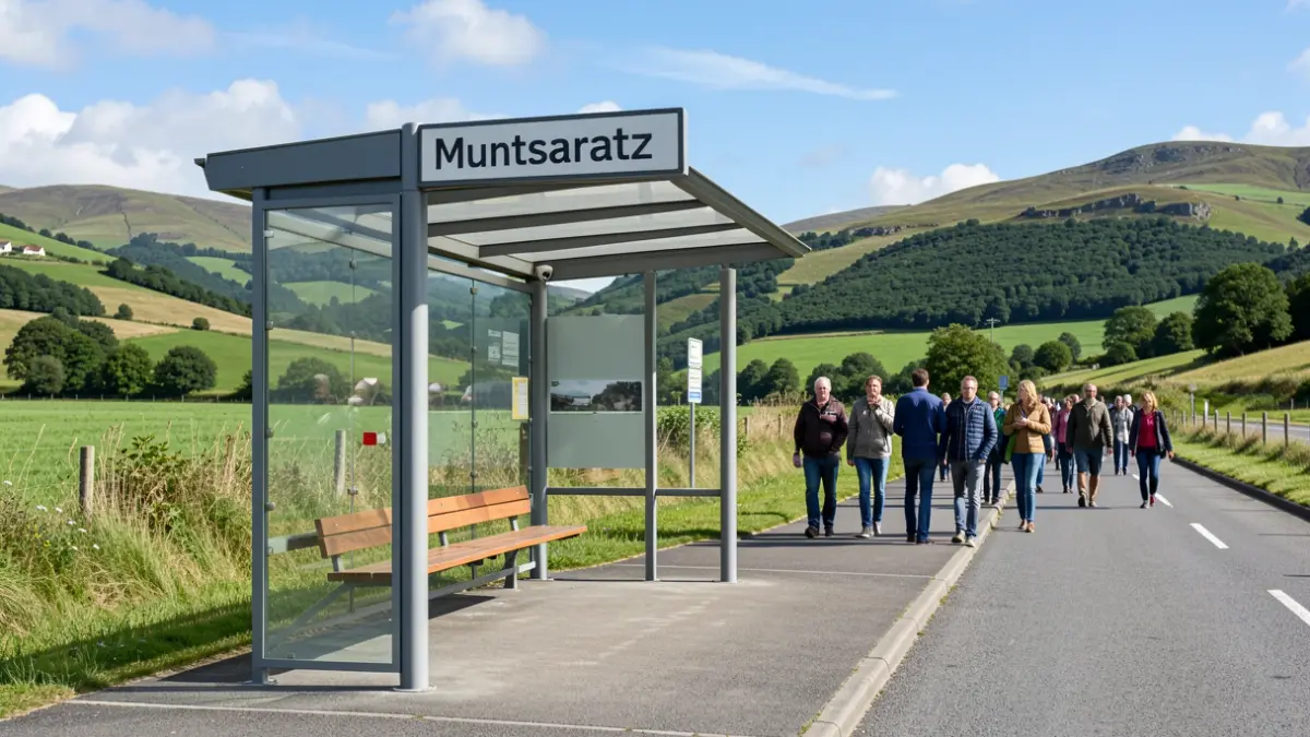 Muntsaratzeko autobus geraleku moderno bat, Bizkaiko zelai berdeen eta zeru urdinaren aurrean.