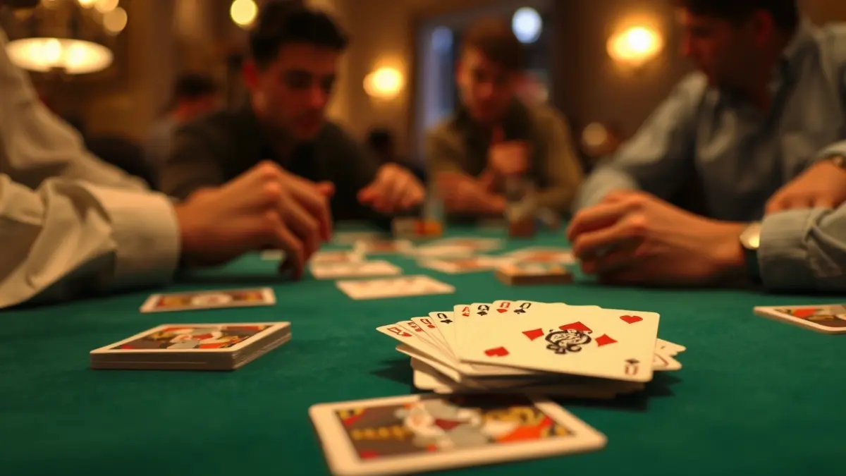 Imagen genérica de una partida de mus, mostrando las manos de los jugadores sobre la mesa de cartas.