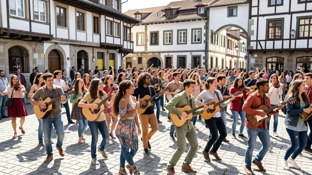 Irudi generikoa: Musikari eta dantzari talde anitza Legazpiko plaza batean, euskal arkitekturaren aurrean.