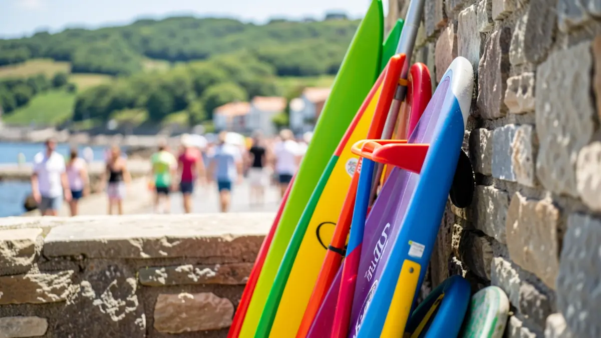 Sports equipment for summer activities, surfboards and colorful balls.