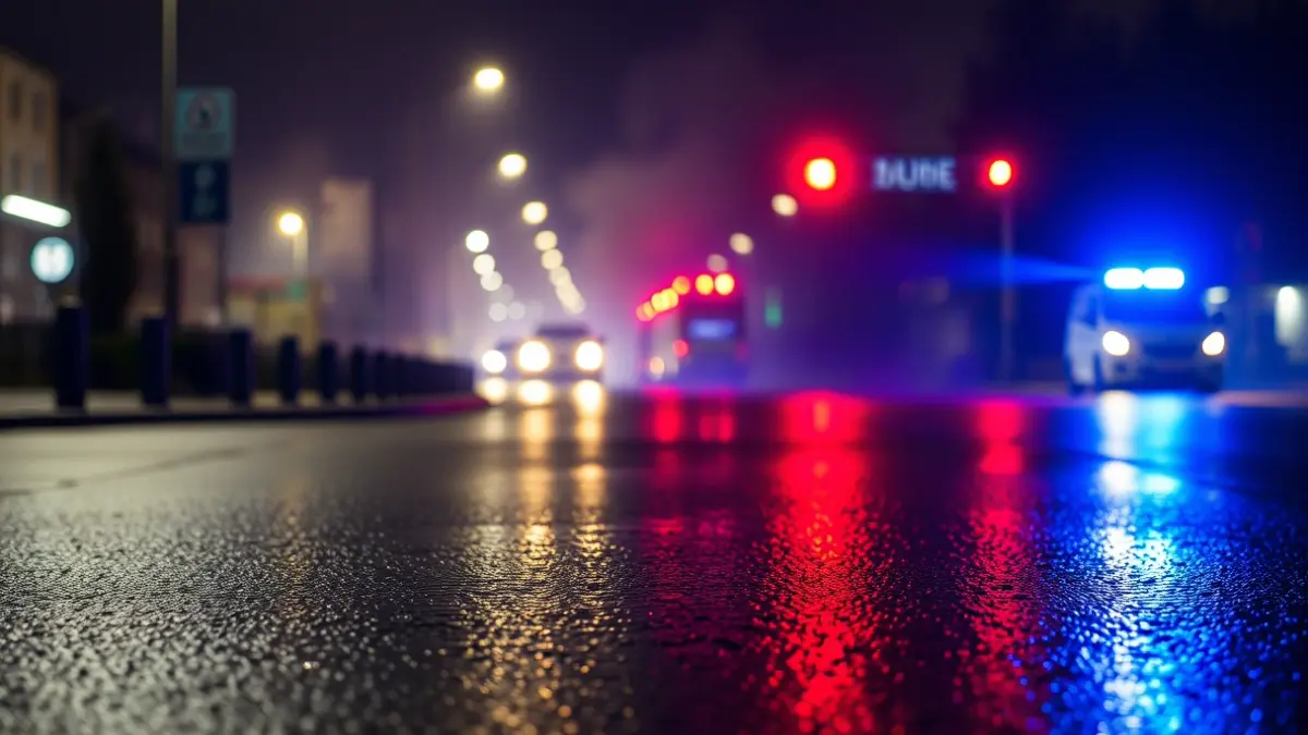 Blue and red emergency lights reflecting on wet asphalt at night, with smoke in the background.