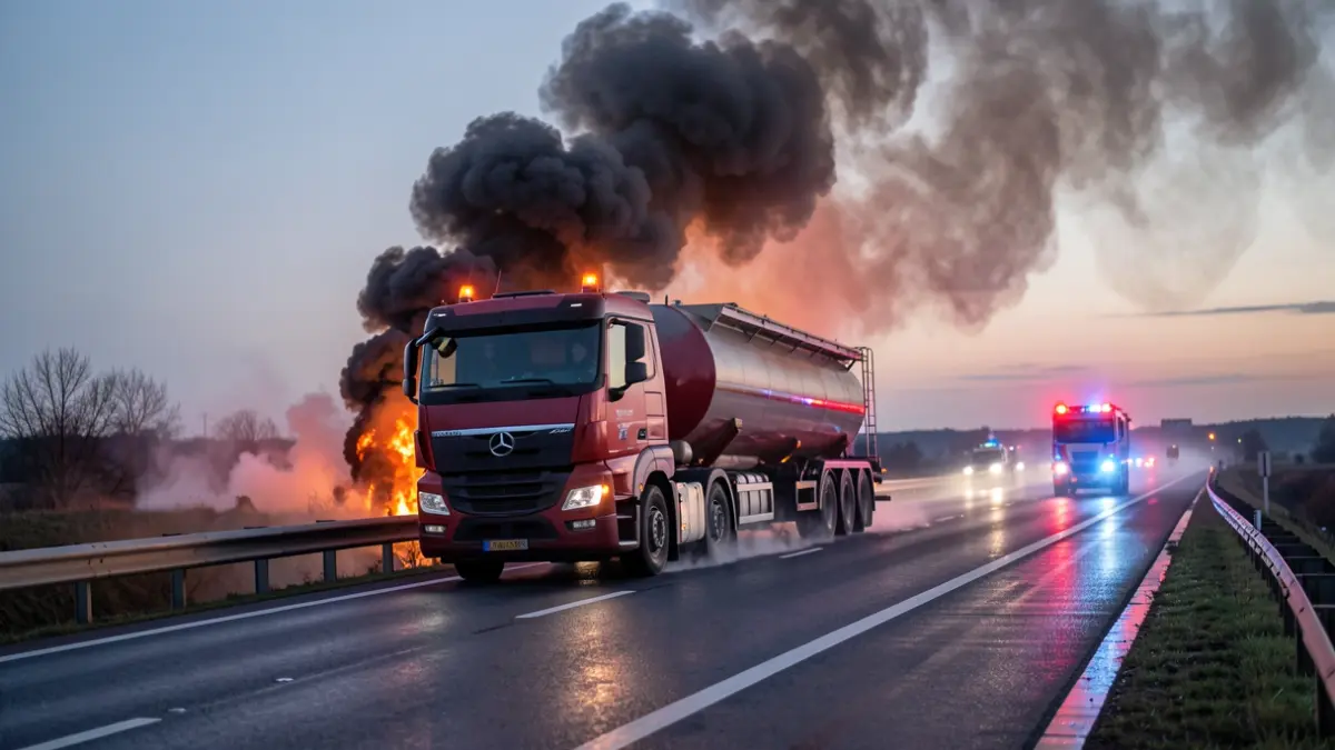 A truck on fire on a highway at dusk, with smoke rising.