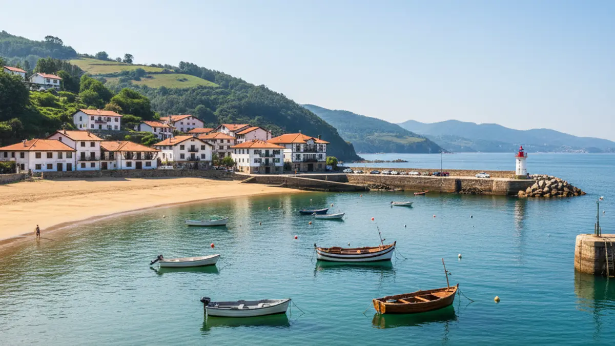 Panoramic image of Mutriku's port and beaches in a summer setting.