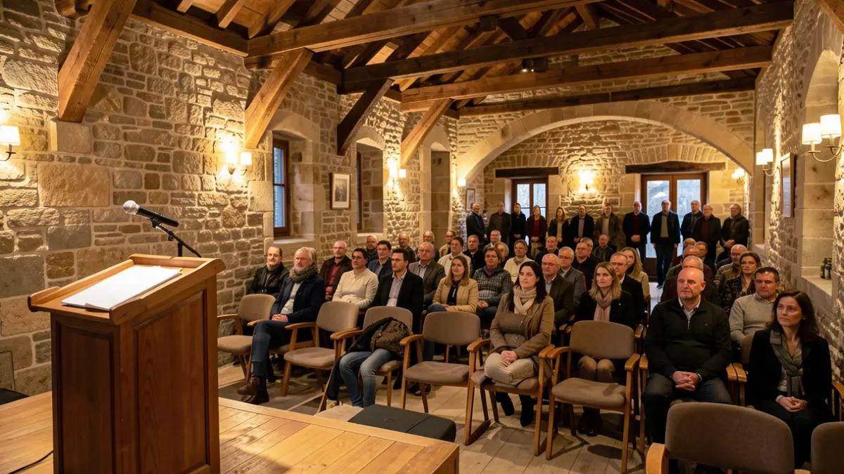 Zabiel kultur etxeko barrualdea, hitzaldiak egiteko prestatua.