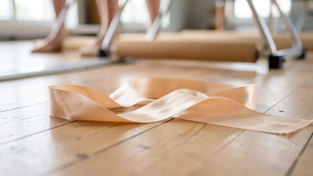 Generic image of a rhythmic gymnastics ribbon on a wooden floor.