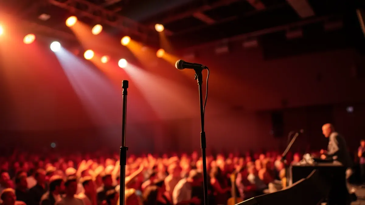 Generic image of a live music concert stage with warm lighting.
