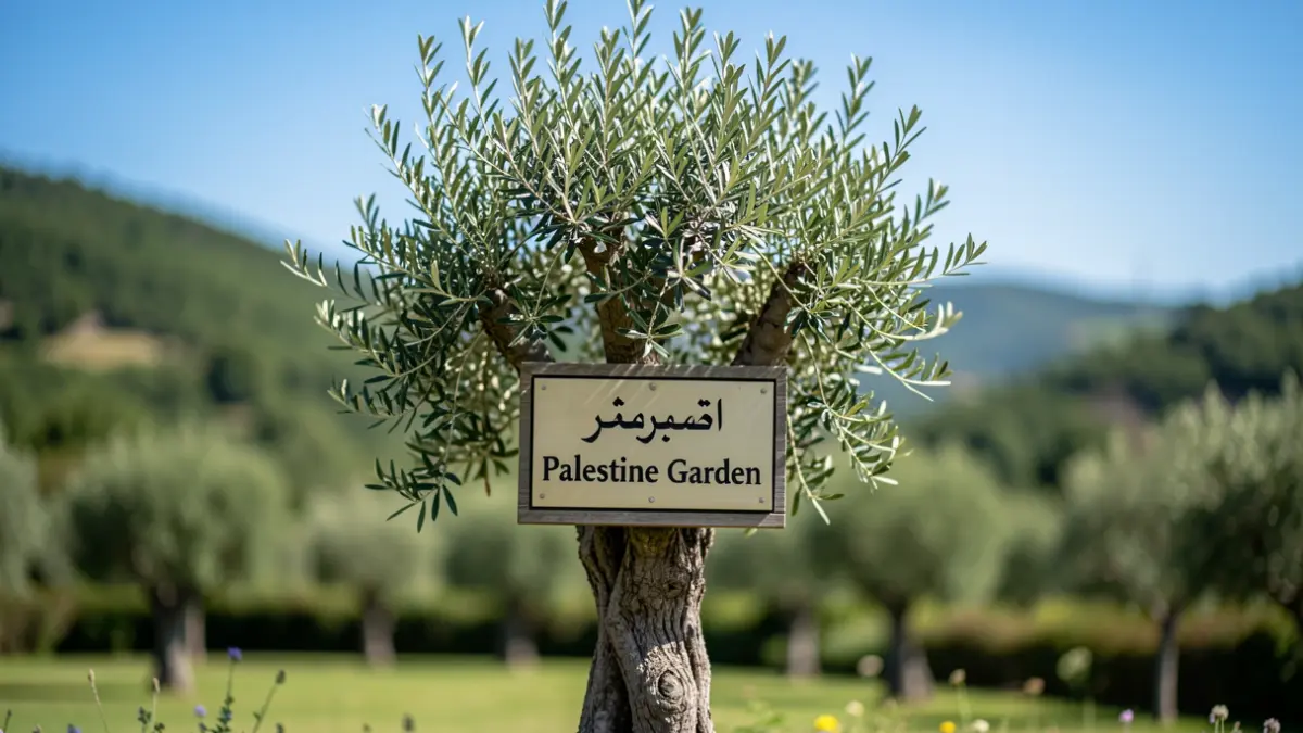 Irudi generikoa: Oñatin landatutako olibondo bat, Palestina lorategia izena duen plaka batekin.