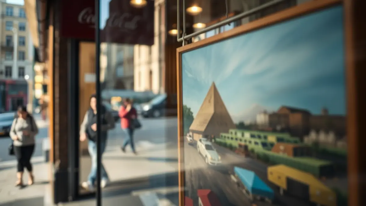 Generic image of a painting displayed in a shop window in Oñati, reflecting street life.