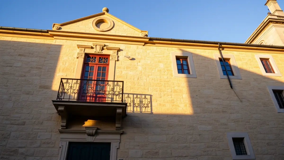 Facade of Oñati town hall, in sunlight.