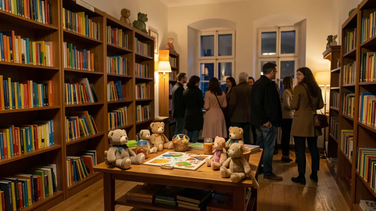 Irudi generikoa: haurren liburutegi atsegin baten barrualdea gauez, argiztapen leuna, liburu koloretsuz betetako apalategiak eta jostailu batzuk mahai baten gainean.