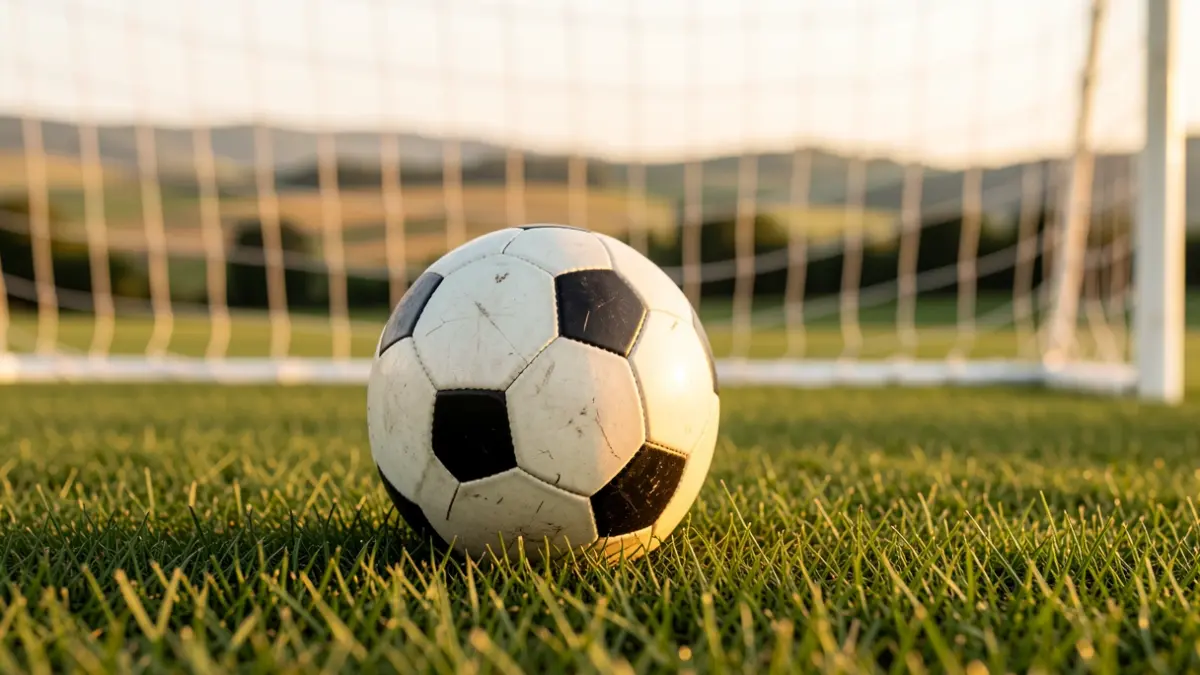 Close-up of a football field in golden hour light.