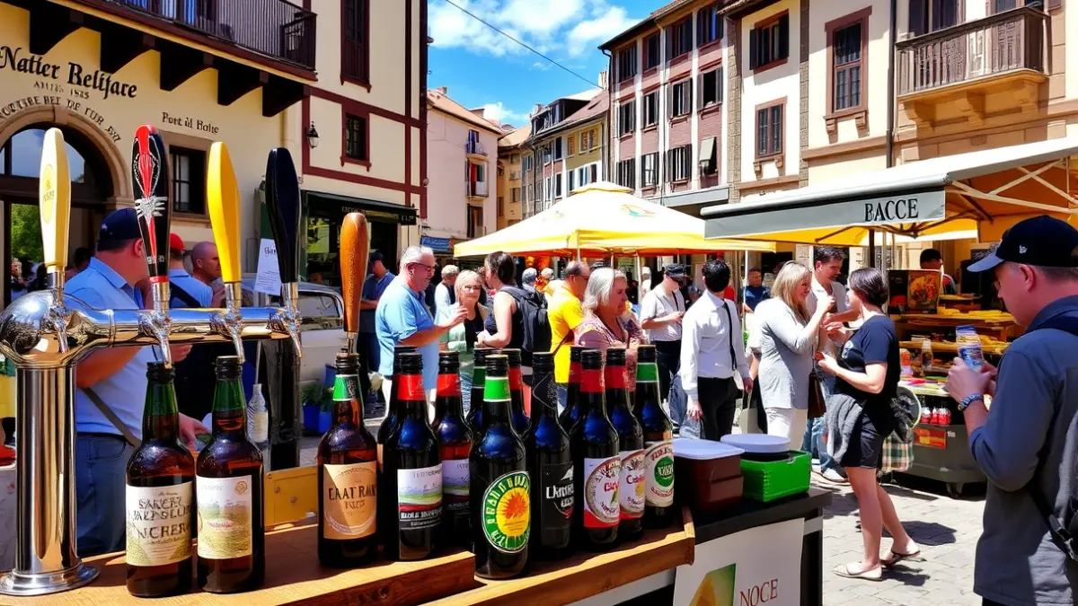 Generic image of a craft beer fair, with people tasting beer and food stalls in the background.