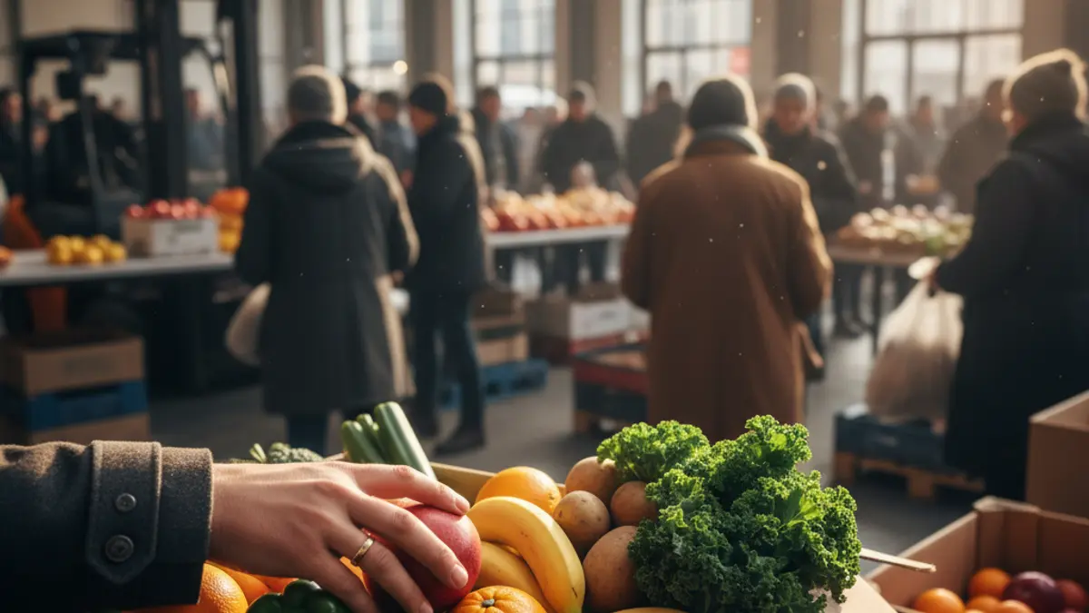 Generic image of a hand placing fresh produce into a food donation box.