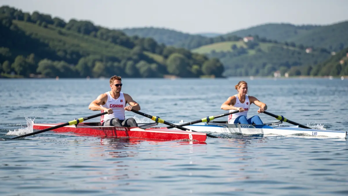 Dos botes de remo, uno de tripulación masculina y otro femenina, cruzando la meta en una regata de remo en una bahía tranquila, con colinas verdes al fondo y cielo despejado.
