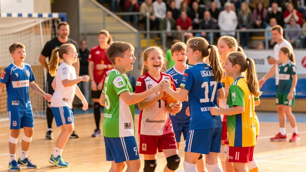 Generic image: Young players from Orio Eragin Handball Club celebrating on the court, joyful atmosphere.
