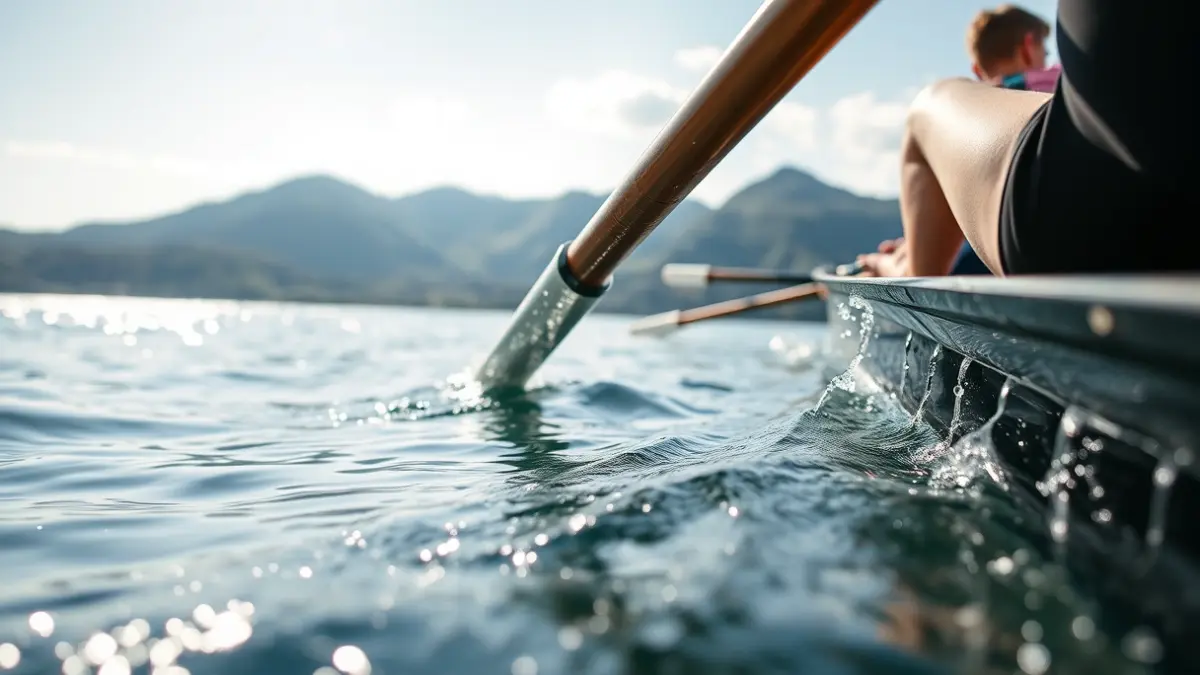Imagen genérica de un remo de trainerilla cortando el agua, con un paisaje costero vasco difuminado al fondo.