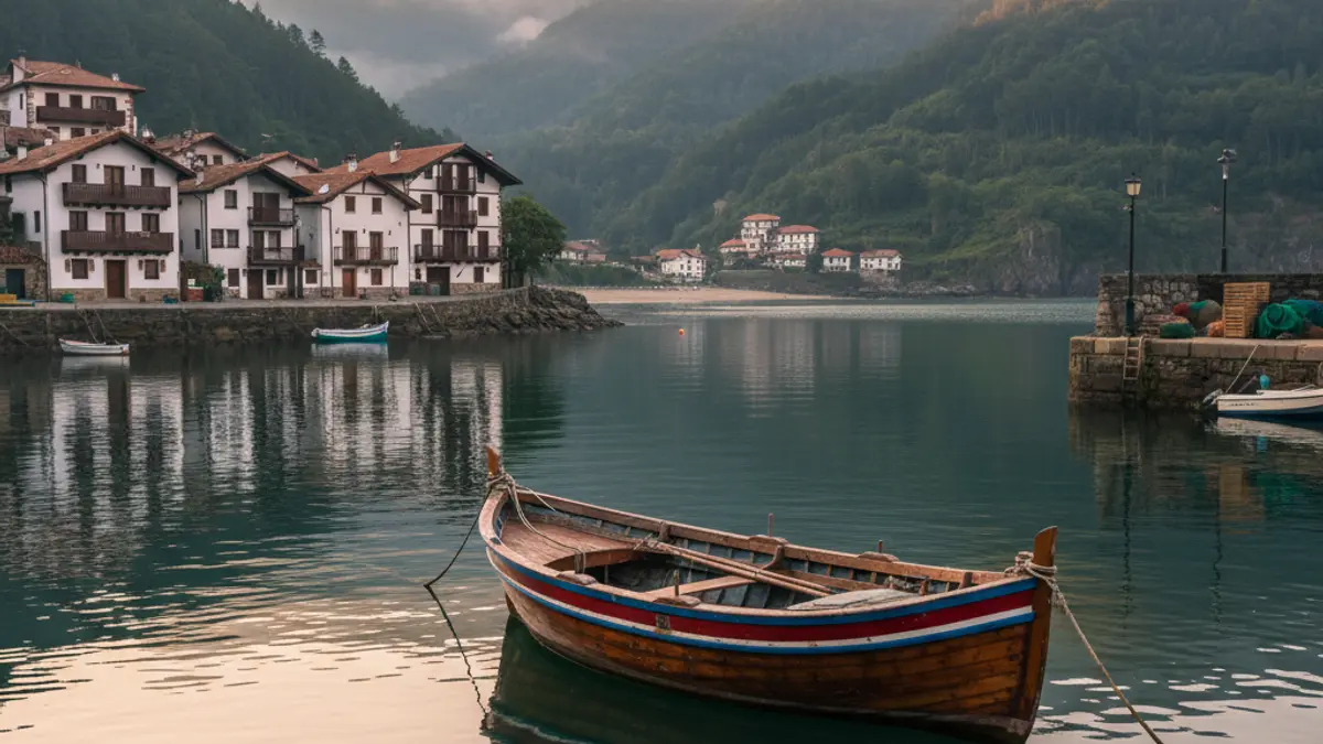Imagen genérica: Una embarcación de pesca tradicional vasca, atracada en un pequeño puerto al amanecer, con las montañas verdes y la arquitectura tradicional de la costa cantábrica al fondo.