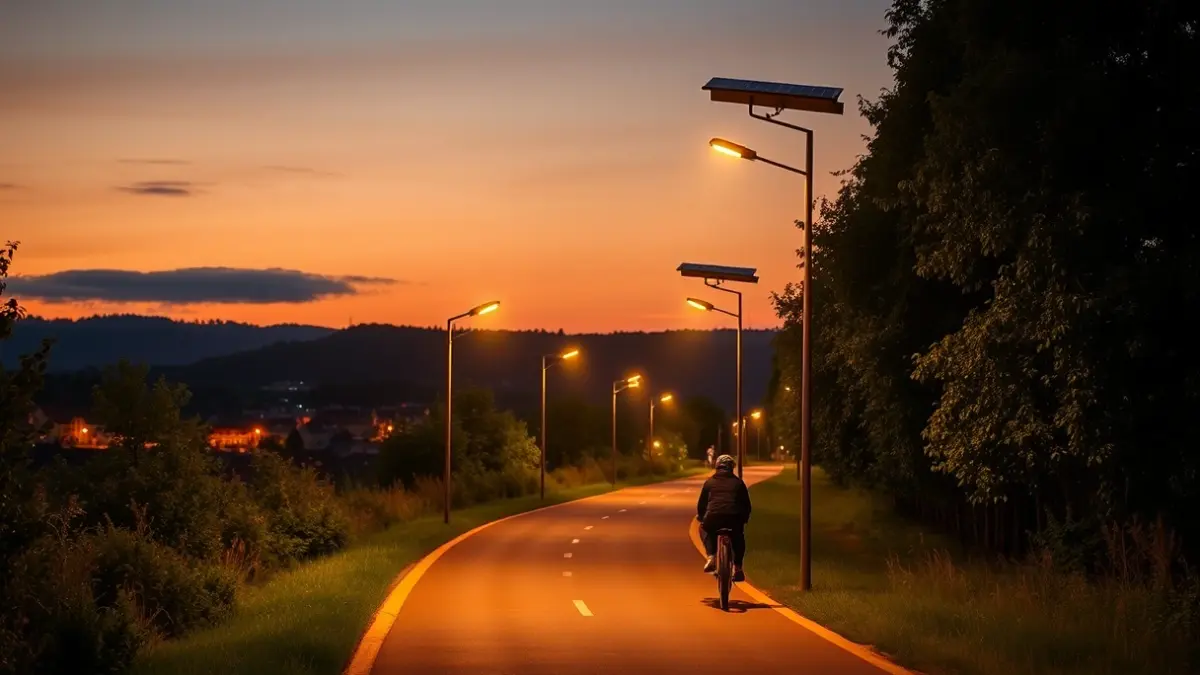 Image of a bidegorri illuminated by solar streetlights at dusk.
