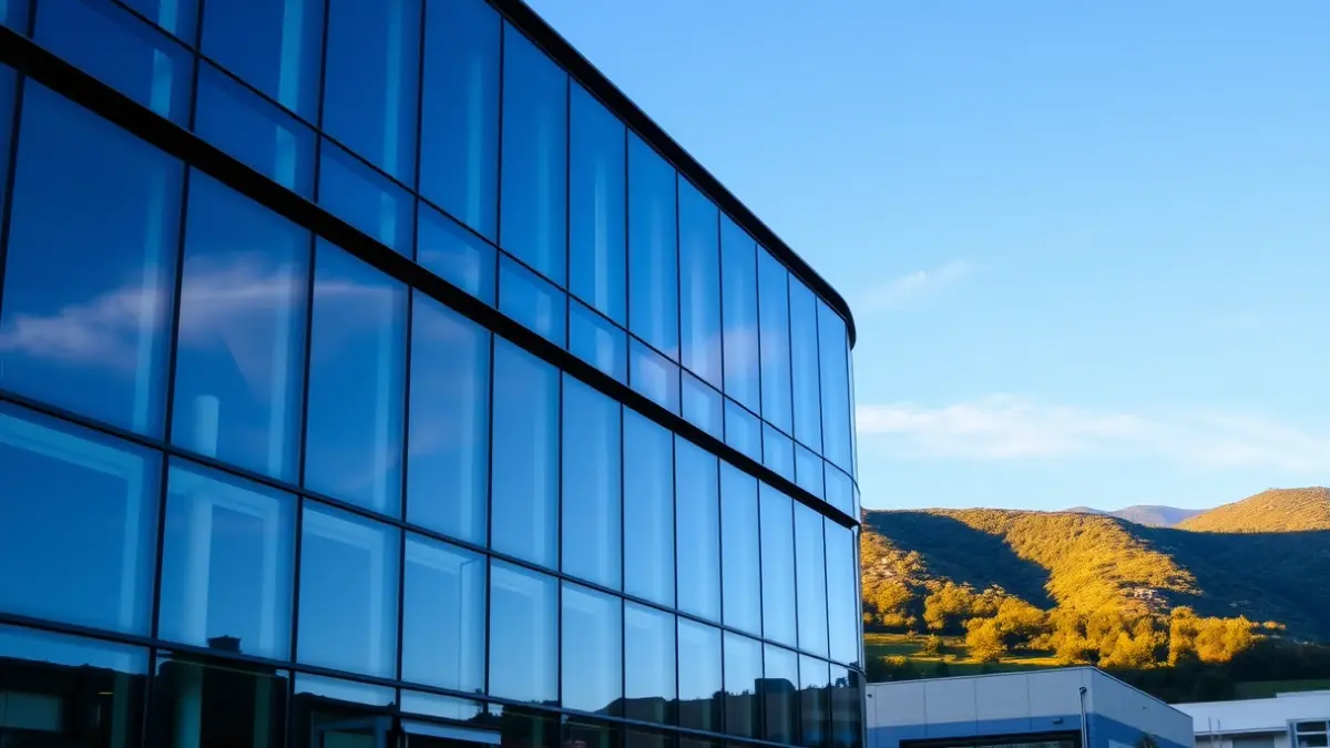 Modern corporate building facade in Hernani, glass and steel, under sunlight.