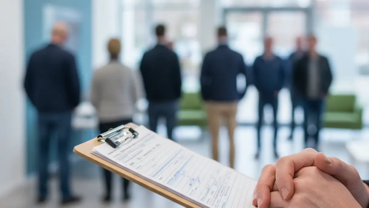 Hands of a healthcare professional holding a clipboard with patient records in a modern medical setting.