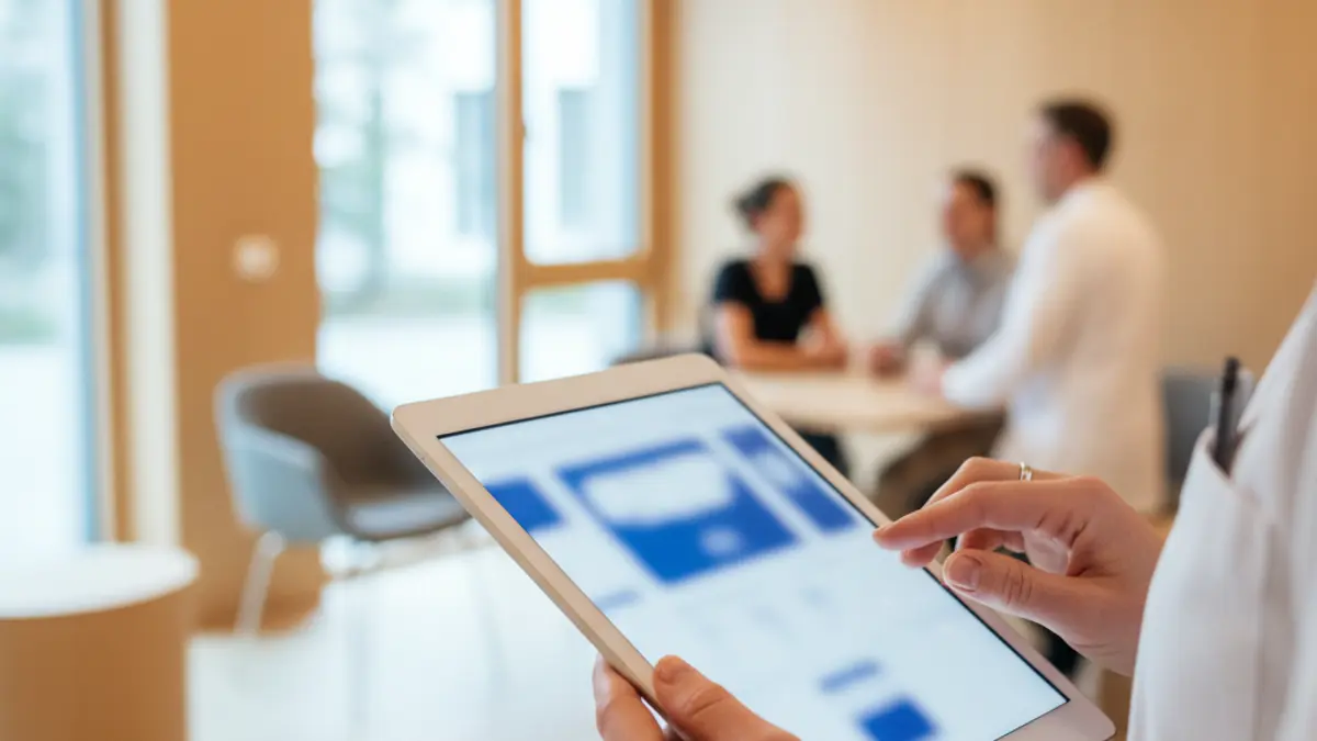 A nurse's hands holding a tablet with blurred medical data in a modern primary care setting.