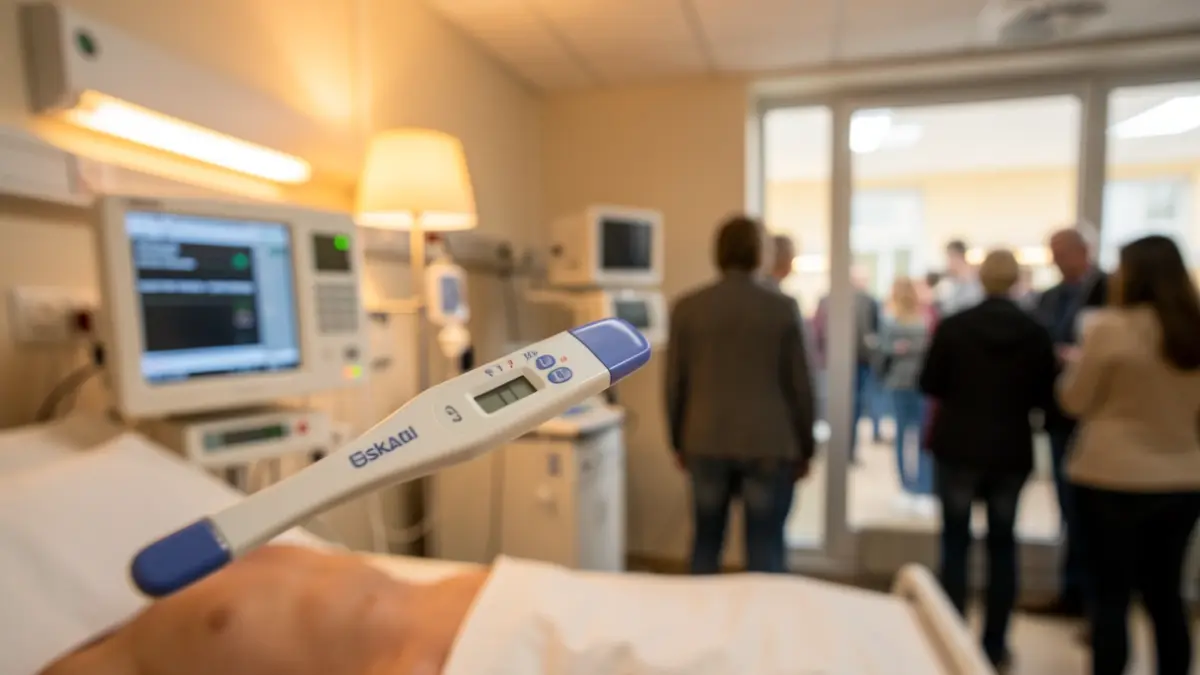 Generic image: A hospital room in Euskadi with a thermometer showing slight fever, warm ambient light.