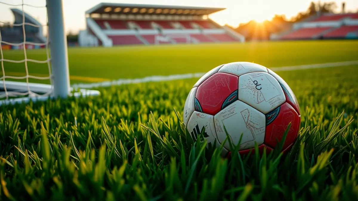 Generic image of a soccer ball on grass, with a blurred goal net in the background.