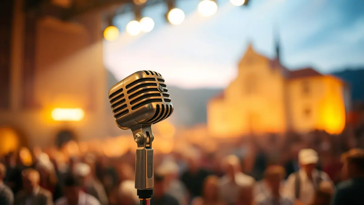 A microphone on a stage with a blurred audience in the background, evoking a folk music concert.