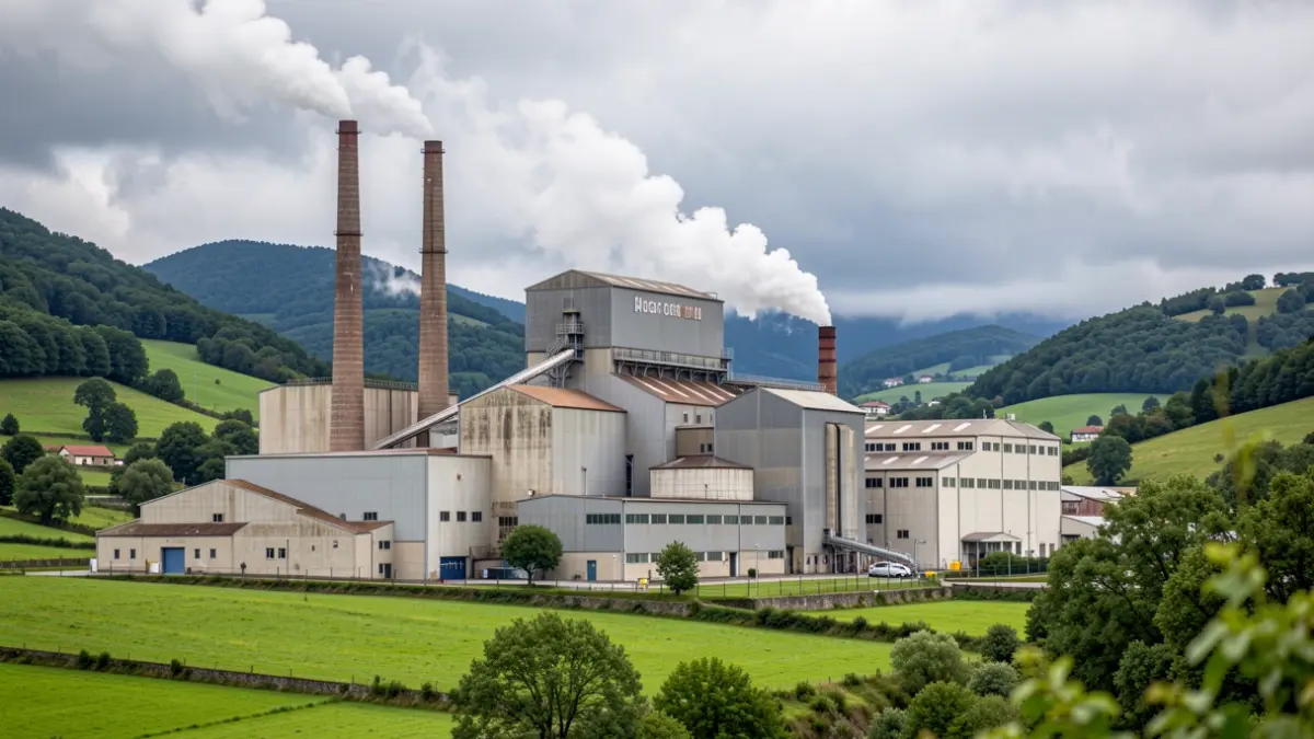 Exterior view of the Papresa paper factory, located in a green valley in the Basque Country.