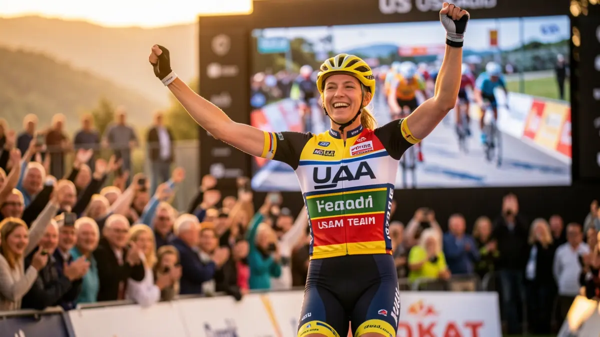 Cyclist Paula Blasi celebrating after winning the Durango Classic.