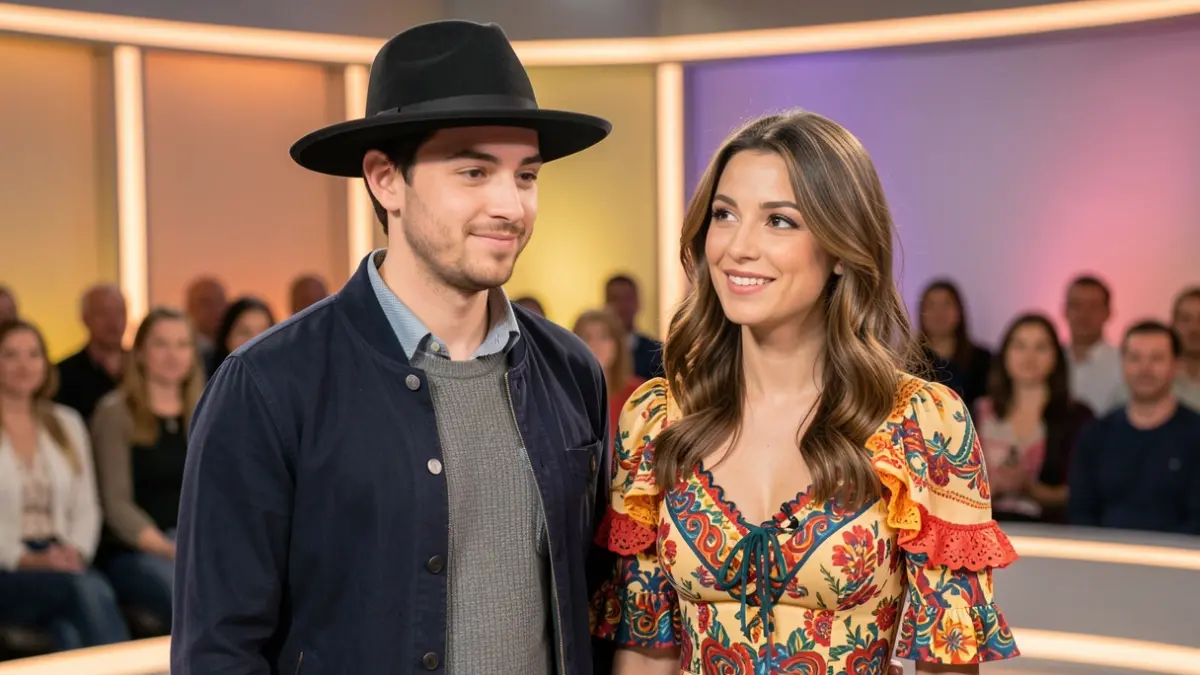 Generic image of a young man with a txapela and a young woman in a flamenco dress in a TV studio.