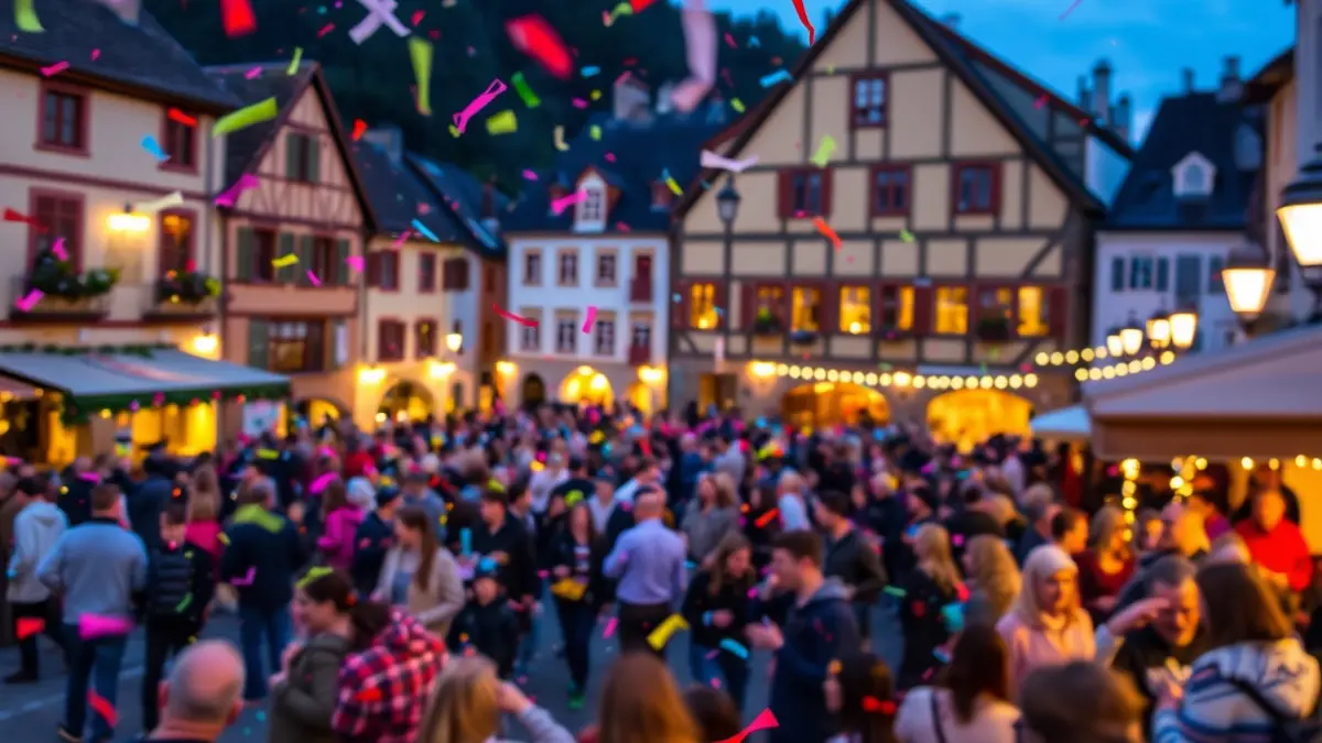 Generic image of a festive square with crowds and confetti.