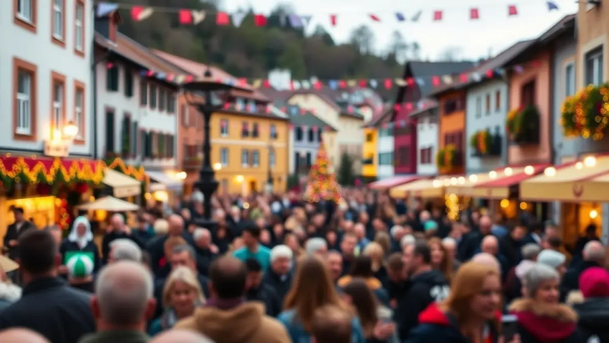 Imagen genérica de una plaza de pueblo en ambiente festivo, con multitudes difuminadas y decoraciones coloridas.