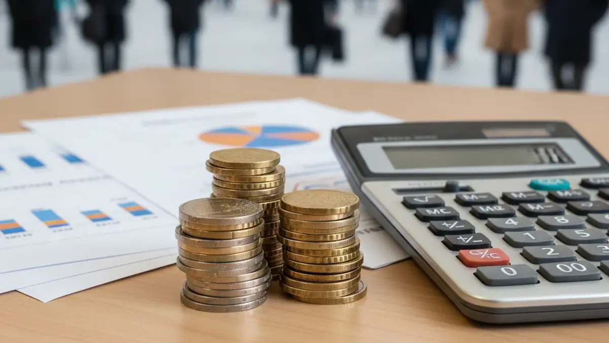Imagen genérica de una pila de monedas de euro y una calculadora sobre un escritorio de madera, representando la administración financiera y la gestión de deudas.