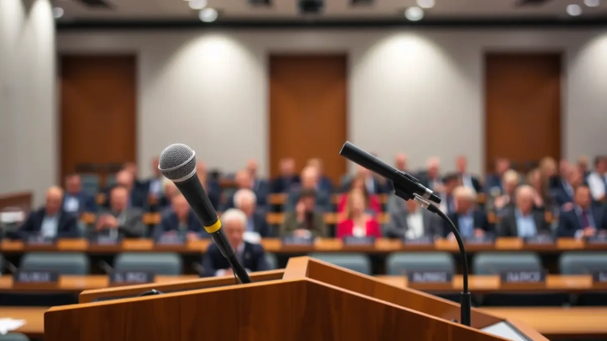 Mikrofono bat podium batean, bilera politiko bat irudikatuz.