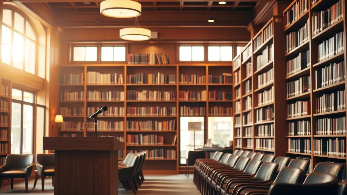 Generic image of a library interior with a microphone and empty chairs.