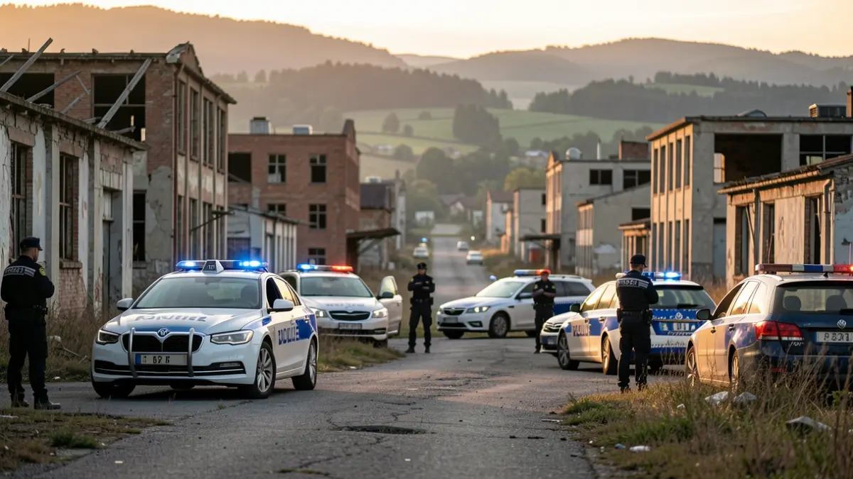 Irudi generikoa: Poliziaren ibilgailuak eta agenteak egunsentian lantegi abandonatuen inguruan.