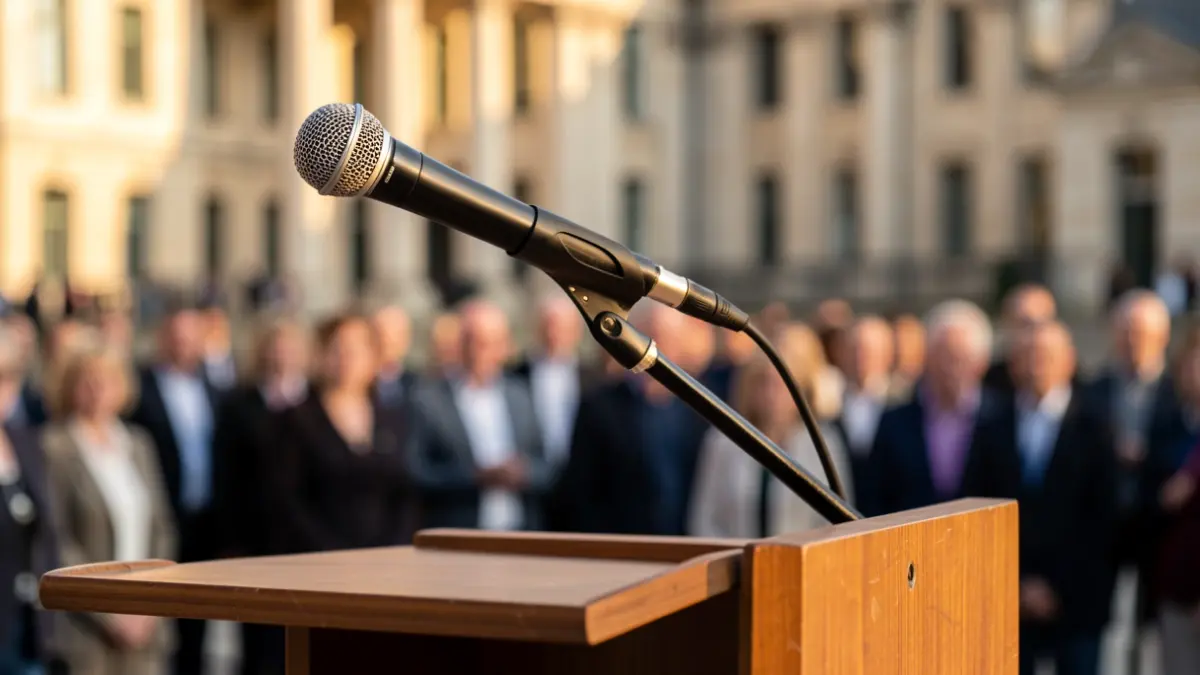 Close-up image of a microphone on a podium, with an institutional building facade blurred in the background.