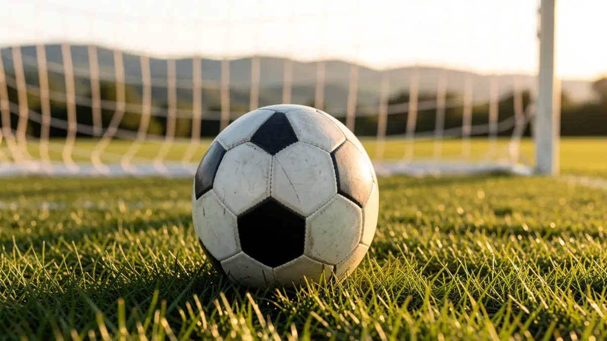 A soccer ball on fresh grass, with the white net blurred in the background.