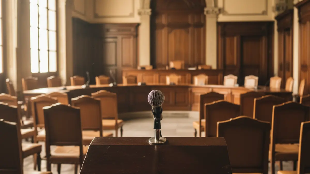 Generic image of a microphone in a municipal council chamber.