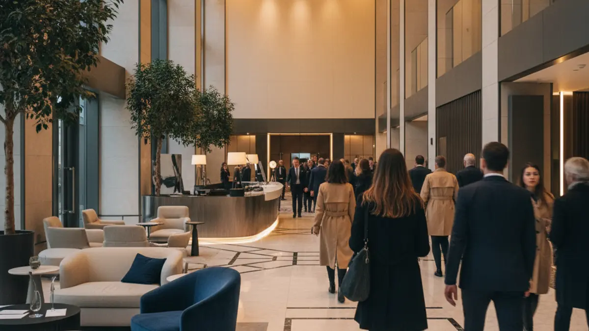 Luxuzko hotel moderno baten ataria, argiztapen leunarekin eta diseinu garaikidearekin.