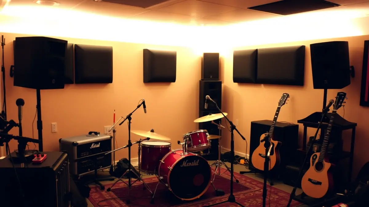 Imagen genérica de un estudio de música con instrumentos y luz cálida.