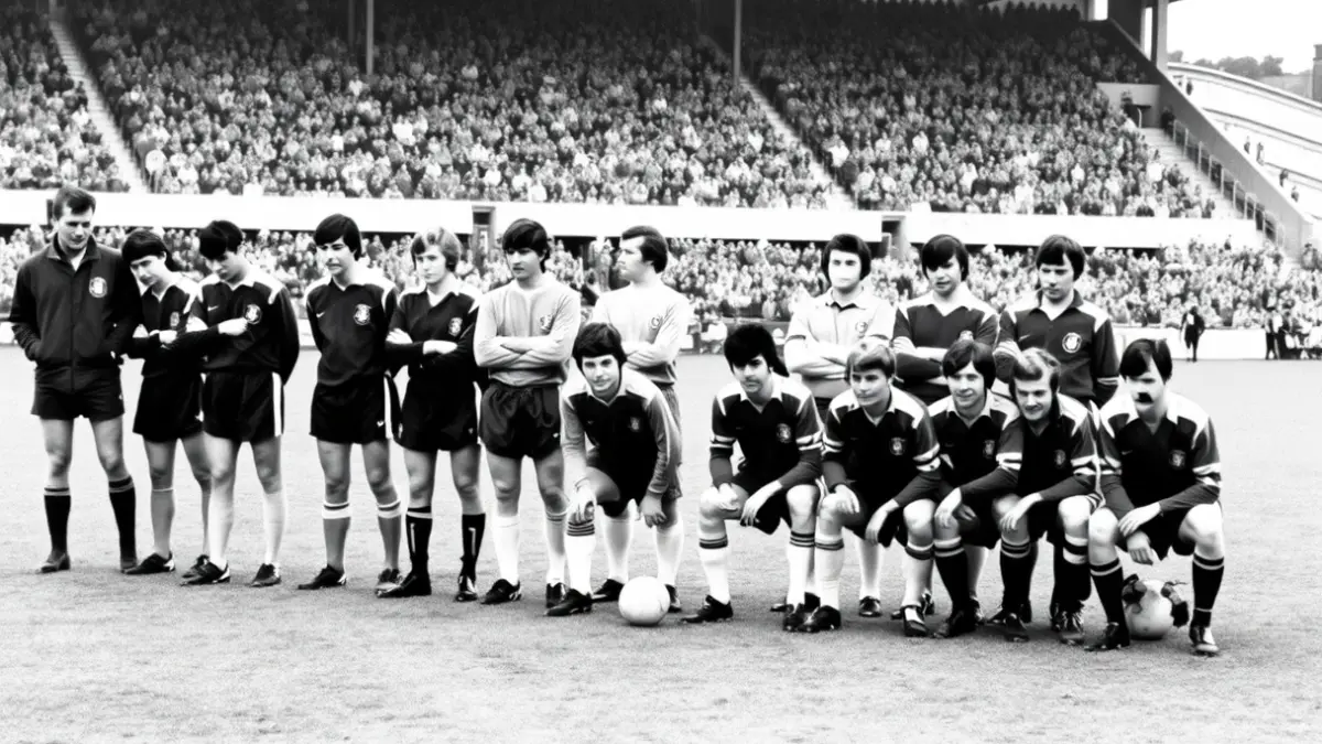 Una fotografía antigua en blanco y negro de un equipo de fútbol de la década de 1970, con jugadores en un campo de hierba.